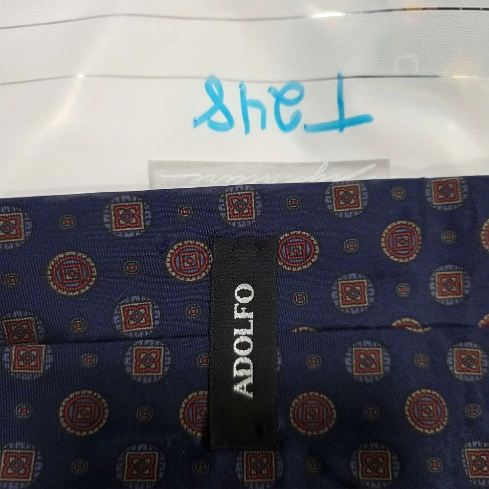 ADOLFO Silk Geometric Pattern Necktie Navy Blue Made in‎ Italy Luxury Accessory